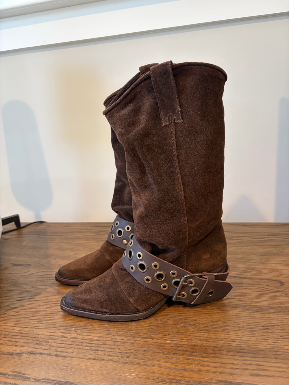 Steve Madden Brown Suede Mid-Calf Heeled Boots with Leather Strap